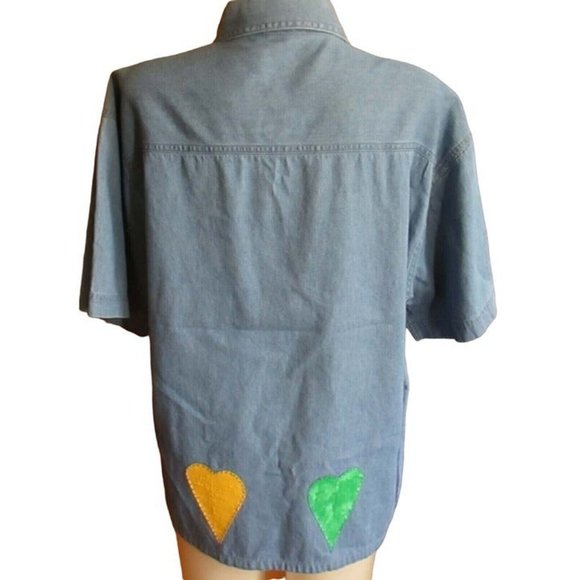 Vintage 1990s Womens Patched Shirt Denim Hearts XL Upper West Side Blue Colors - Picture 2 of 5